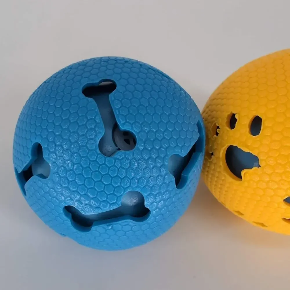 Unbranded Yellow and Blue Paw and Bone Print Patterned Rubber Dog Ball Toys -GUC